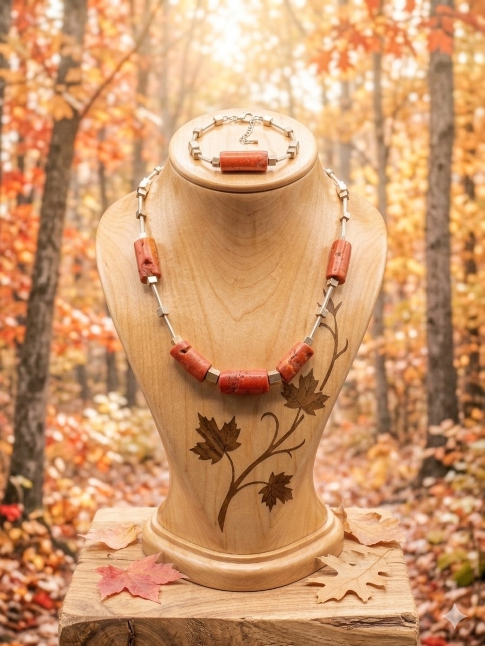 Handcrafted Orange Jasper Bead Necklace and Bracelet Set